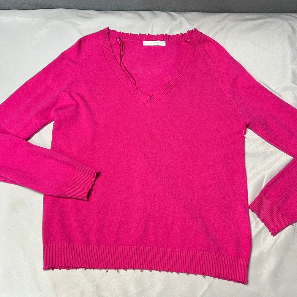 SIX/FIFTY Andrea V-Neck Sweater Raw Fringe Hem Knit Top Casual Hot Pink Size S